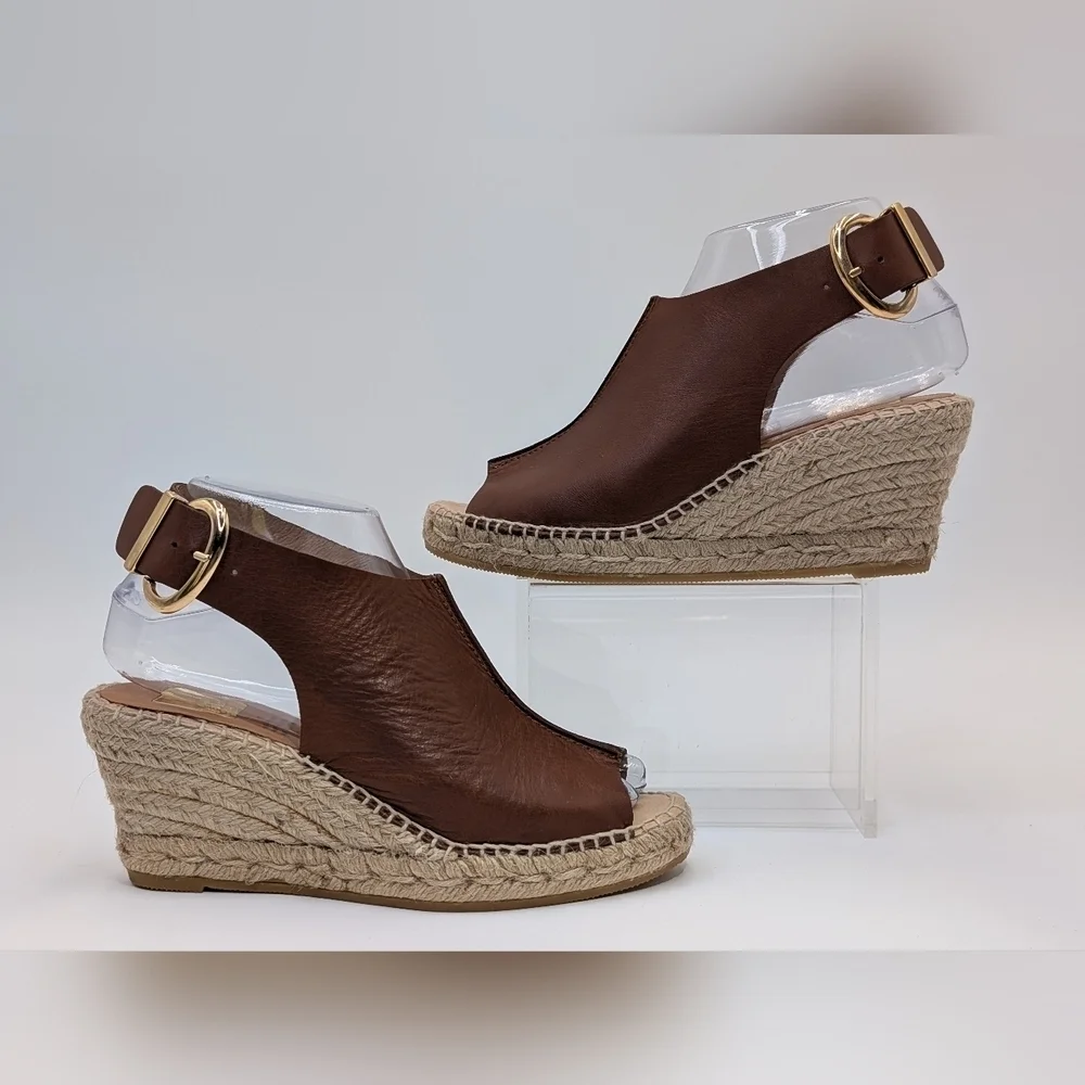Kanna Peep Toe Spain Slingback Brown Leather Espadrille Wedge Sandals Size‎ 6.5
